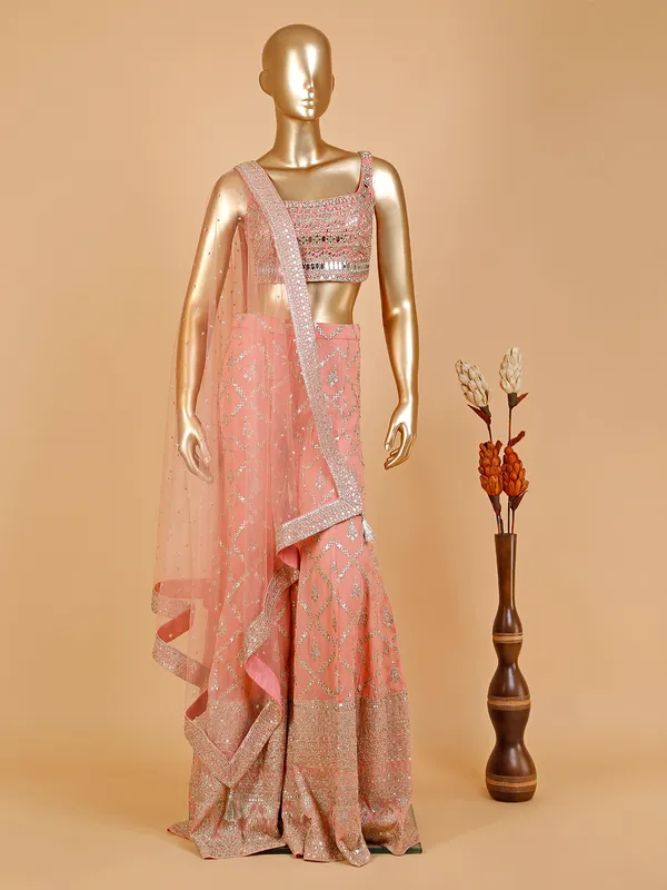 Georgette peach crop top style palazzo suit