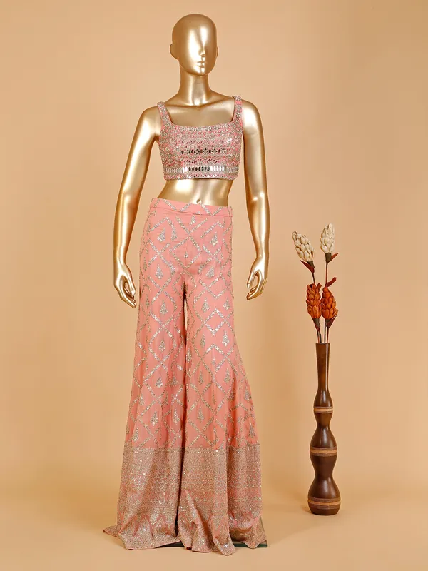 Georgette peach crop top style palazzo suit