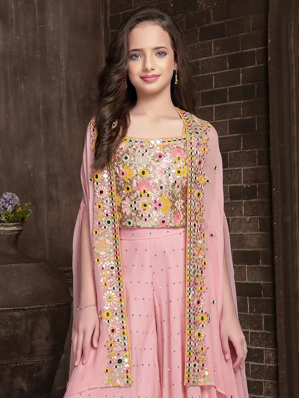 Georgette pink jacket style palazzo suit