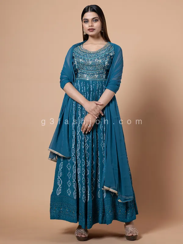 Georgette printed anarkali suit in blue