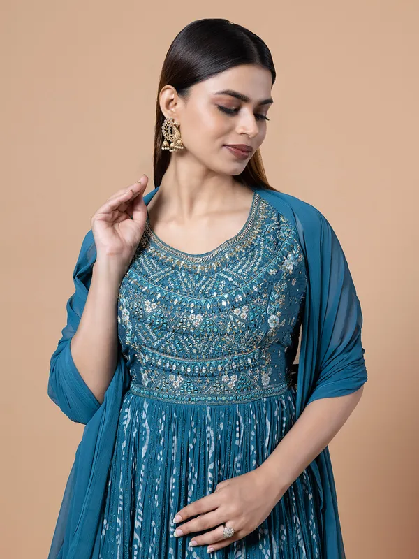 Georgette printed anarkali suit in blue