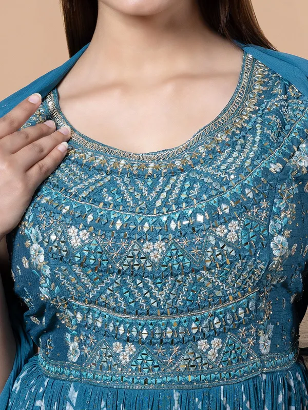 Georgette printed anarkali suit in blue