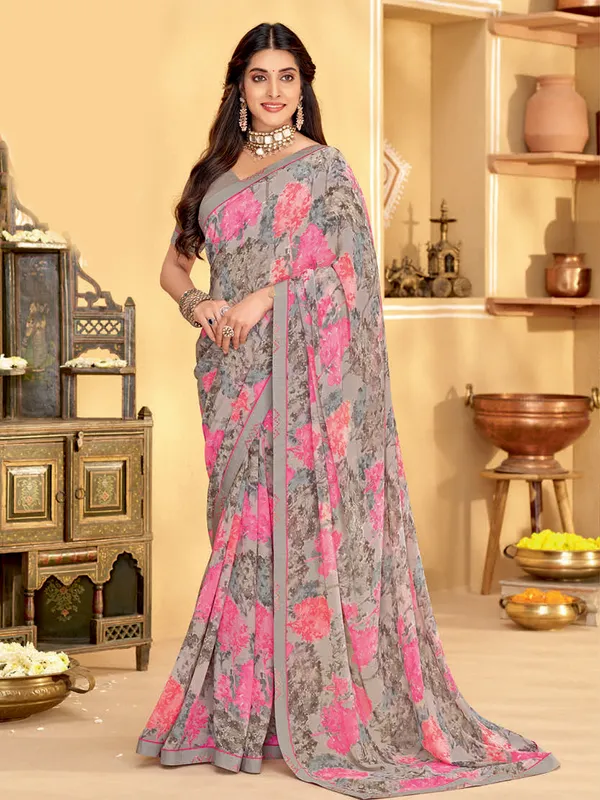 Georgette printed grey saree