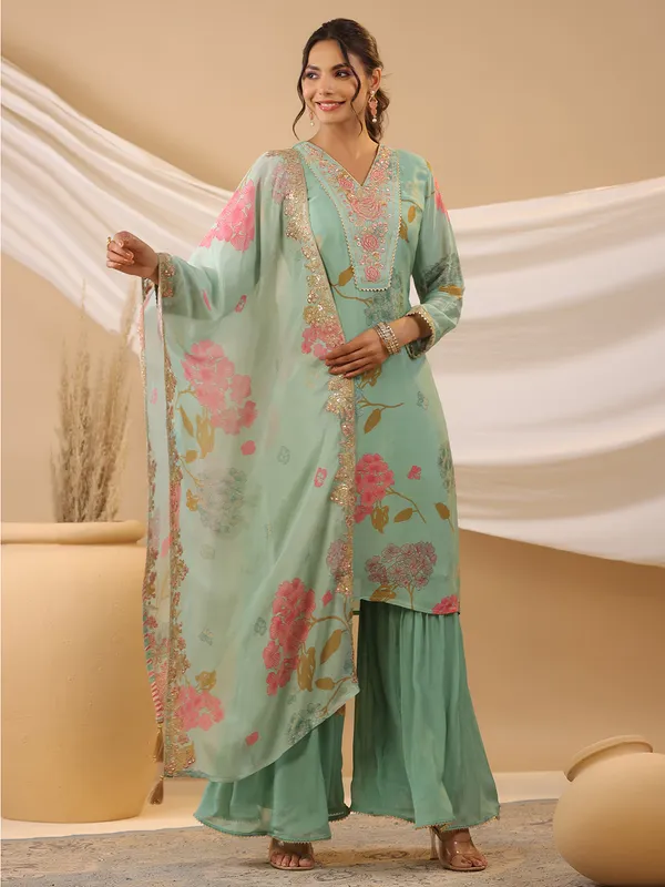 Georgette printed mint green sharara set