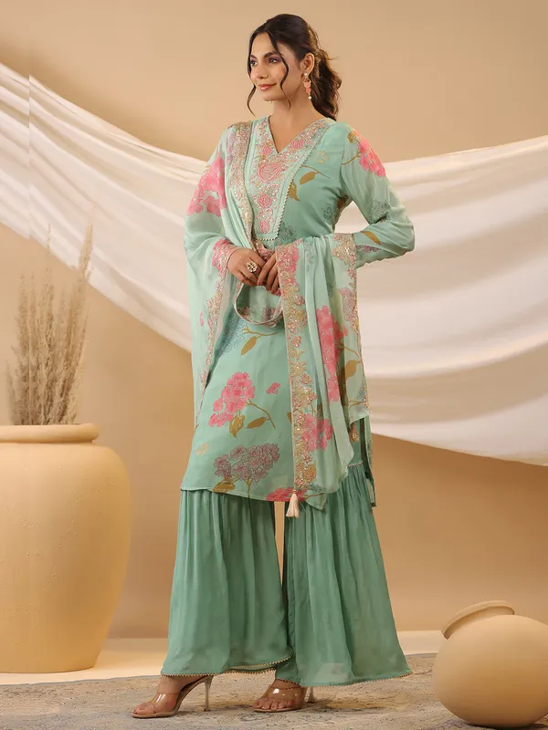 Georgette printed mint green sharara set
