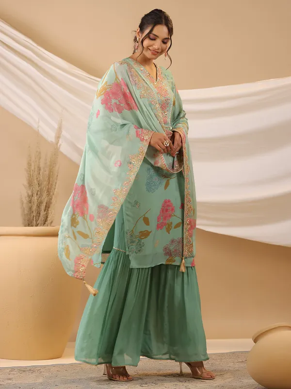 Georgette printed mint green sharara set