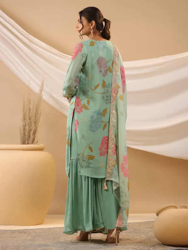Georgette printed mint green sharara set