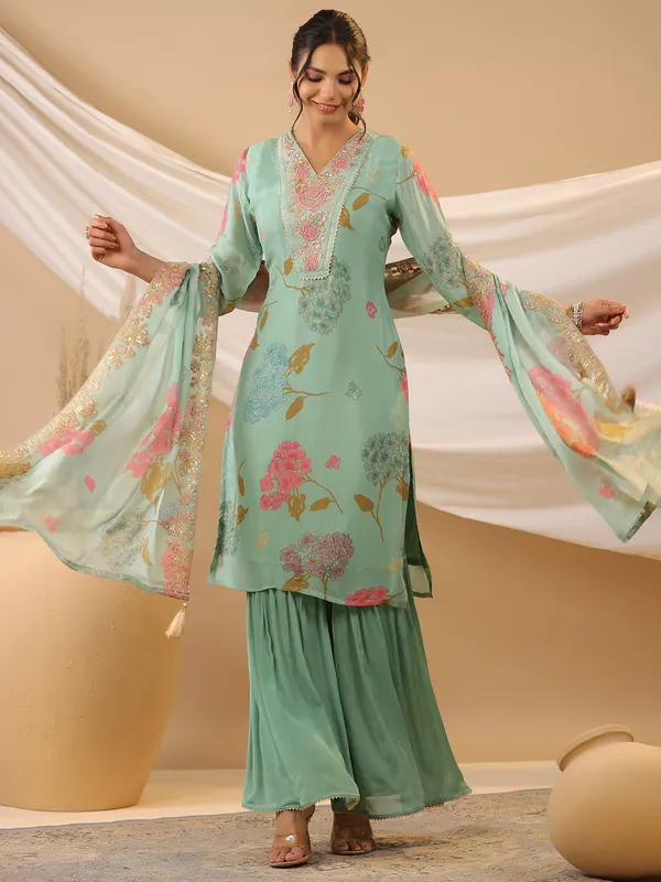 Georgette printed mint green sharara set