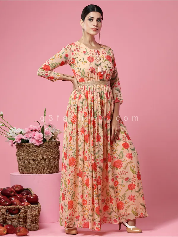 Peach georgette printed party wear jumpsuit