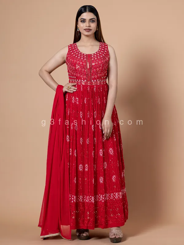 Georgette printed red anarkali suit