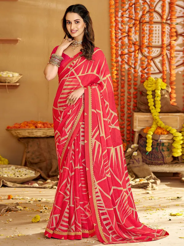 Georgette printed saree in dark pink
