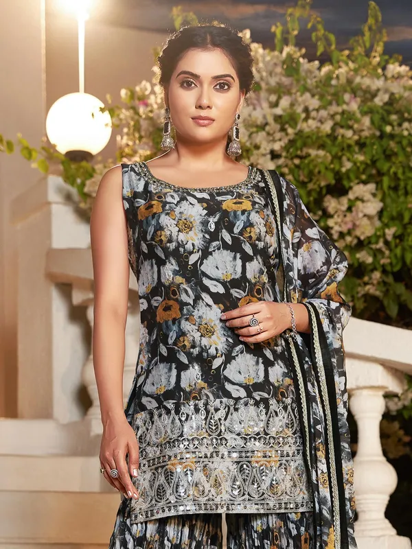 Georgette printed sharara suit in black