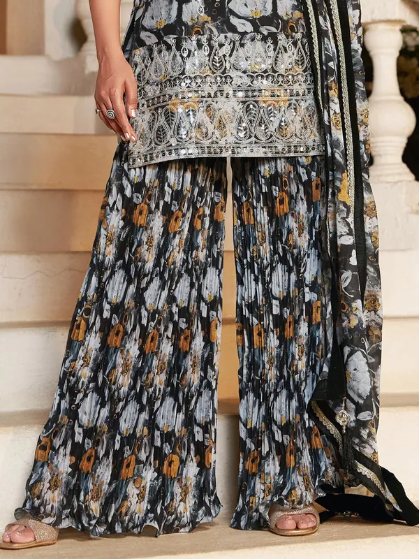 Georgette printed sharara suit in black