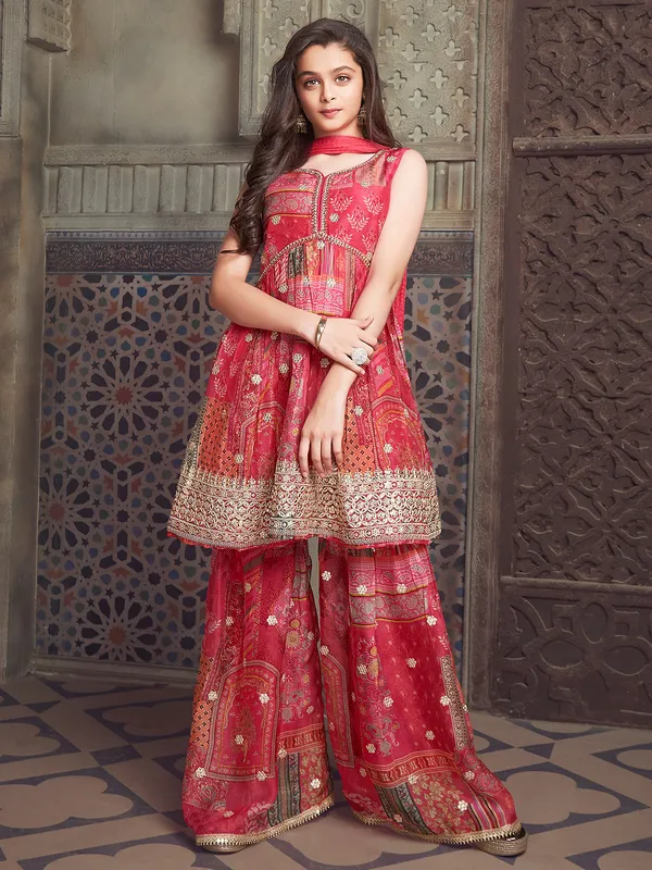 Georgette printed sharara suit in magenta