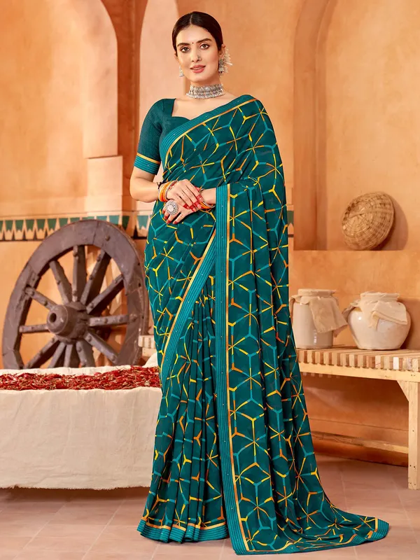 Georgette prussian blue printed saree