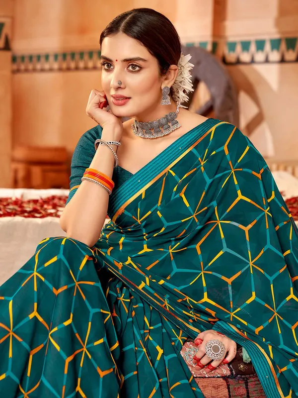 Georgette prussian blue printed saree