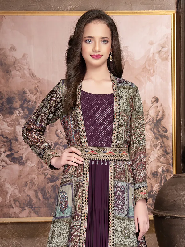 Georgette purple gown with printed shrug