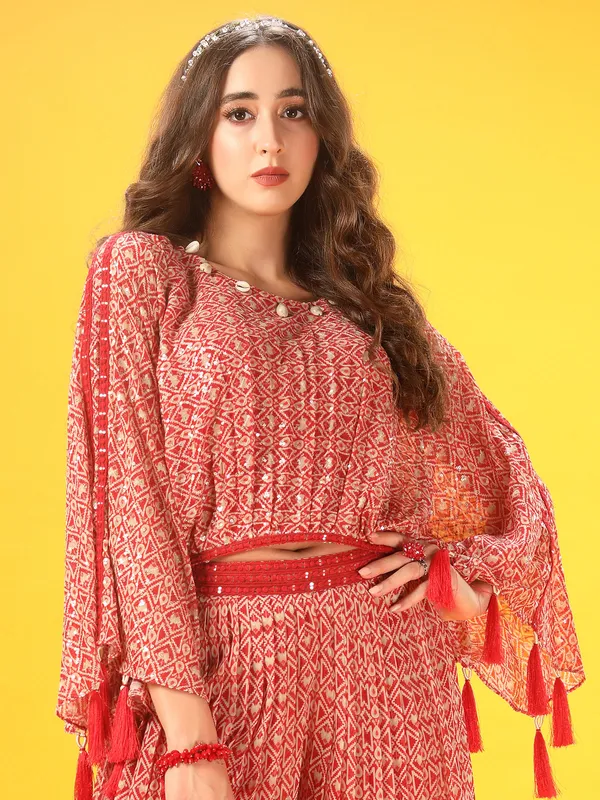 Georgette red festive wear printed palazzo suit