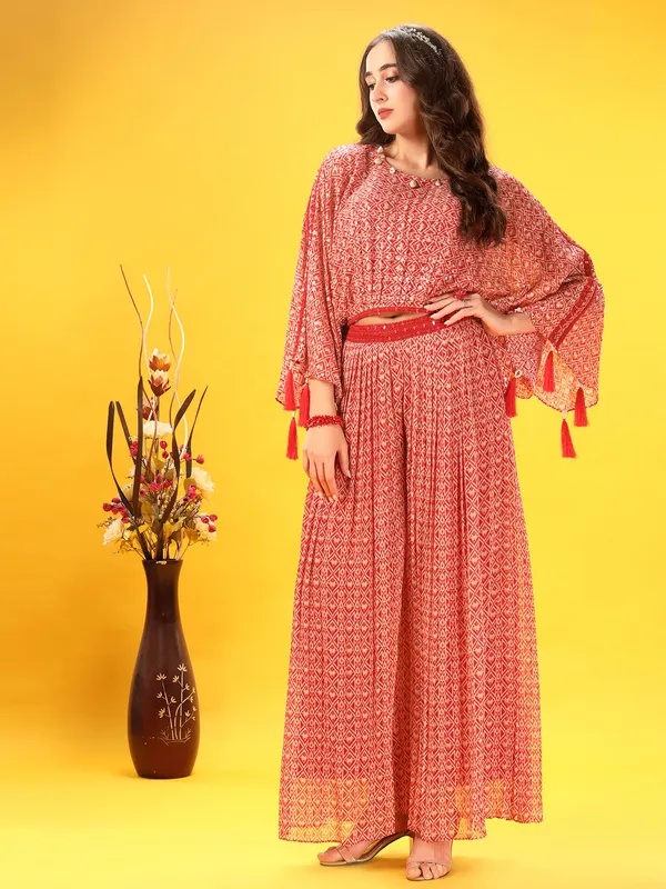Georgette red festive wear printed palazzo suit