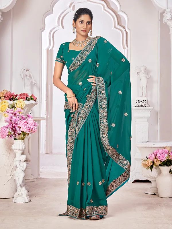 Georgette teal green saree with embroidery