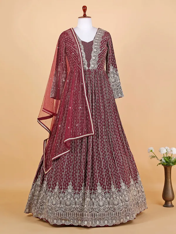 Georgette wine anarkali floor length suit