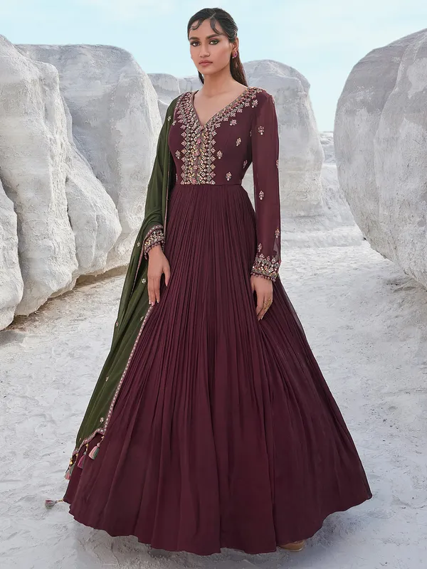 Georgette wine anarkali suit for party