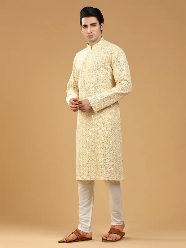 Georgette yellow  Men Kurta pajama