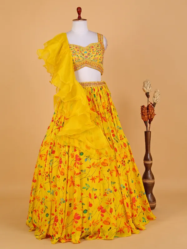 Georgette yellow floral printed lehenga choli