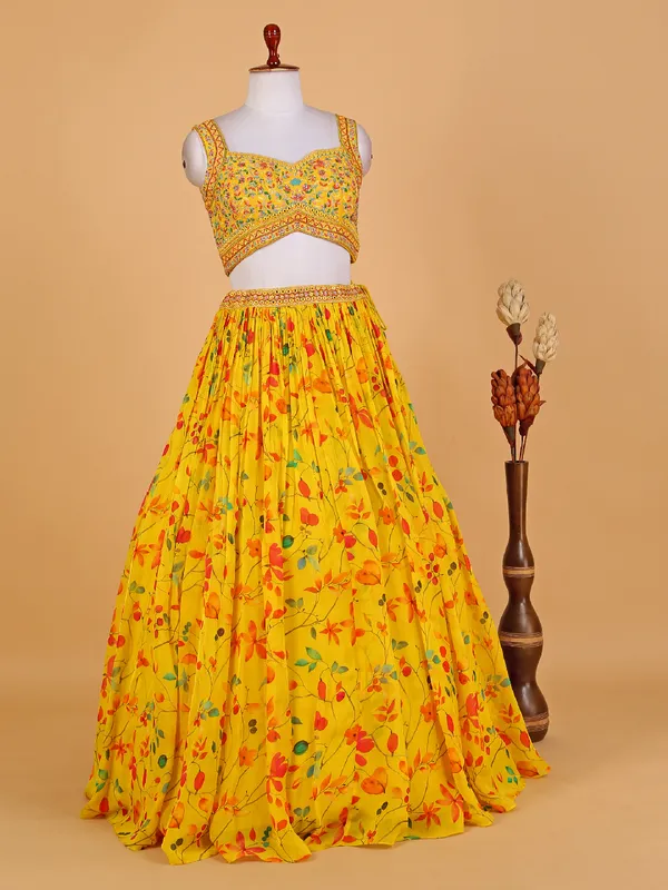 Georgette yellow floral printed lehenga choli