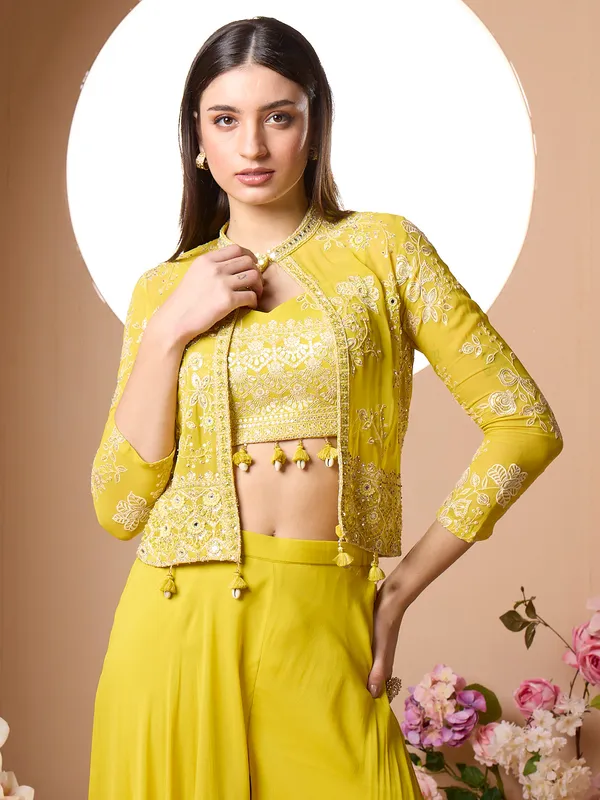 Georgette yellow wedding style palazzo suit foe women