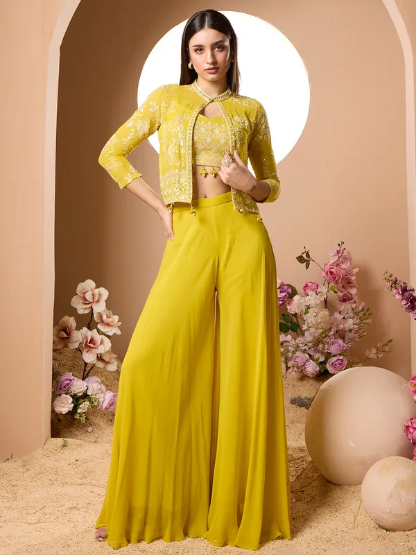 Georgette yellow wedding style palazzo suit foe women