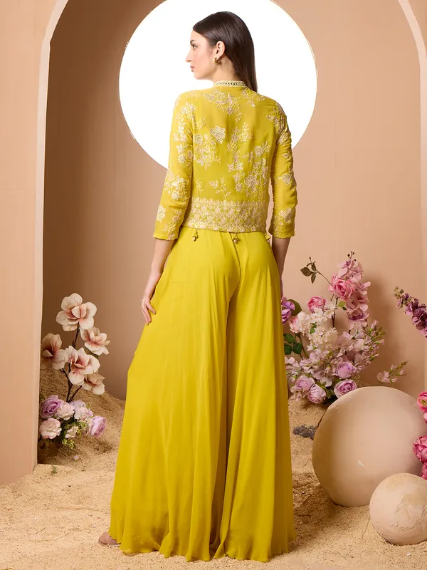 Georgette yellow wedding style palazzo suit foe women