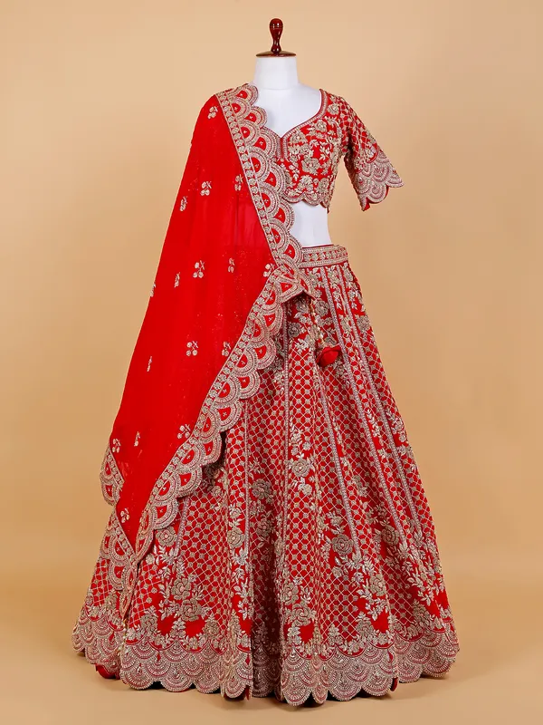 Gergeous red raw silk bridal lehenga choli