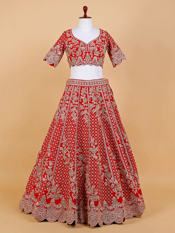 Gergeous red raw silk bridal lehenga choli