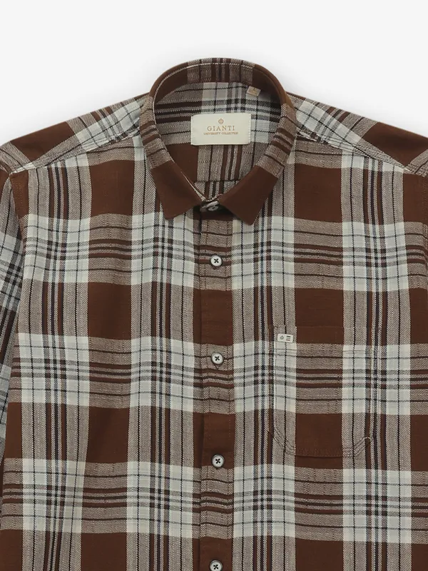 GIANTI brown cotton checked shirt for men