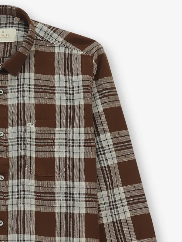 GIANTI brown cotton checked shirt for men