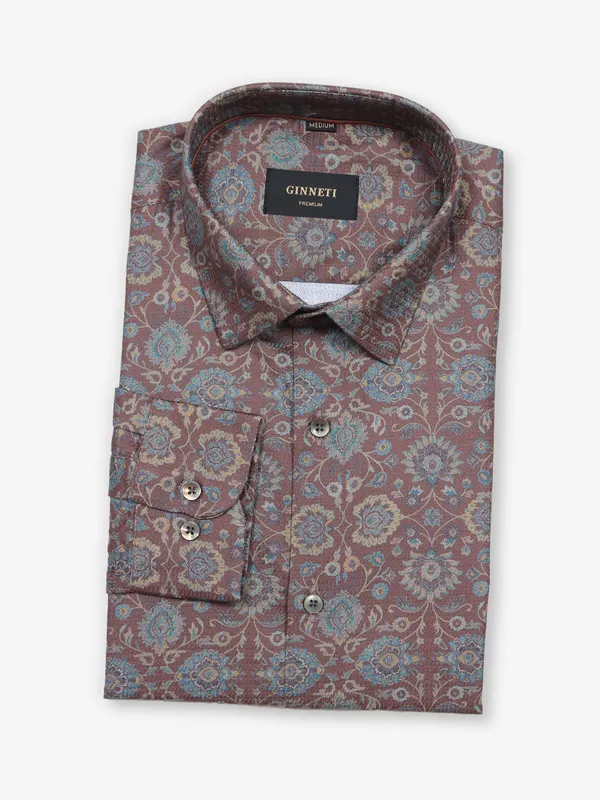 GINNETI brown cotton party style slim fit shirt