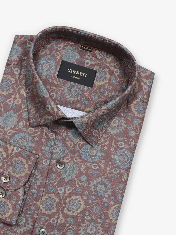 GINNETI brown cotton party style slim fit shirt