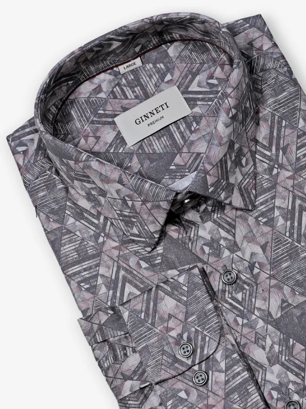 GINNETI brown printed cotton silk shirt