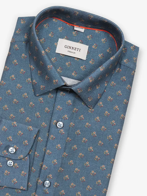GINNETI printed sky blue cotton shirt