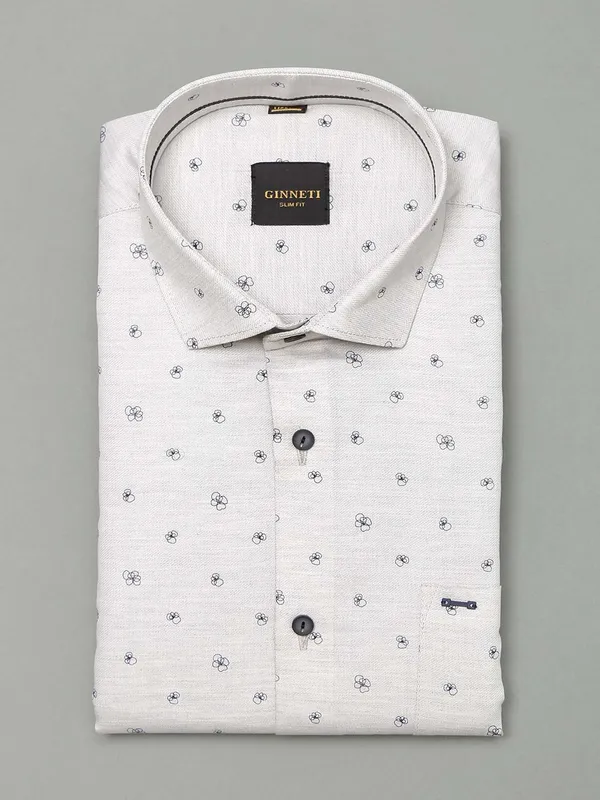 Ginneti white printed mens cotton shirt