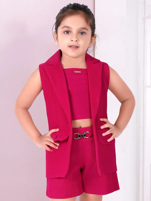 Girls textured cotton co ord set in magenta