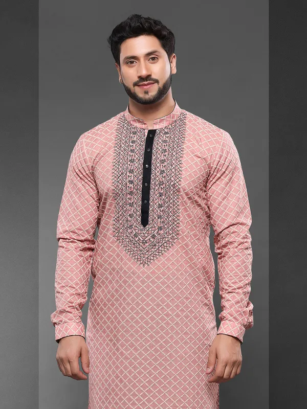 Glamorous Light peach cotton kurta suit for men