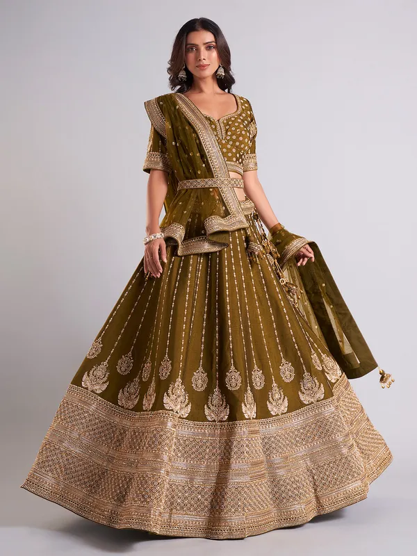 Glamorous olive raw silk lehenga choli