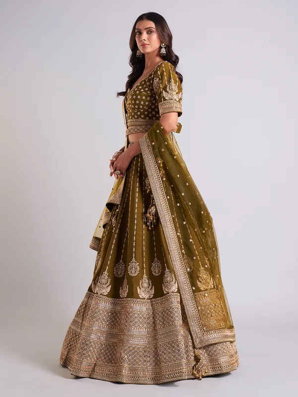 Glamorous olive raw silk lehenga choli