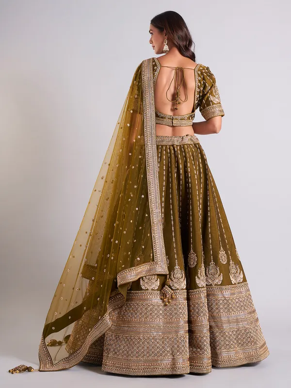 Glamorous olive raw silk lehenga choli