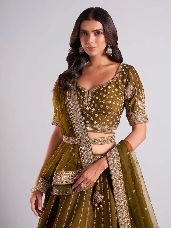 Glamorous olive raw silk lehenga choli