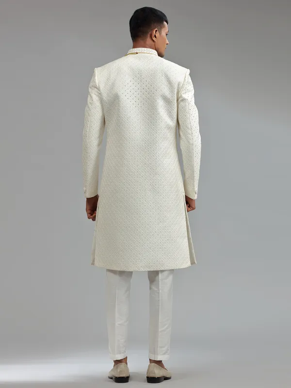 Glamorous silk white groom sherwani