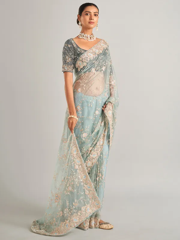 Sky blue saree in organzza silk