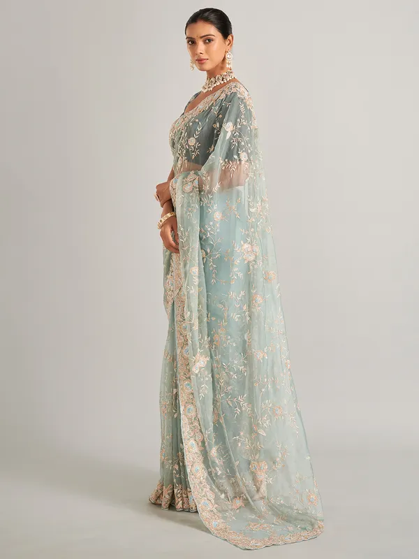 Sky blue saree in organzza silk